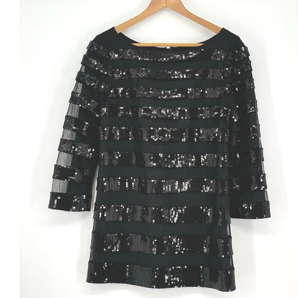 Tadashi Shoji Tops - Tadashi Shoji Black Stripe Sequin Sheer Long Sleeve Top Formal Party Chic